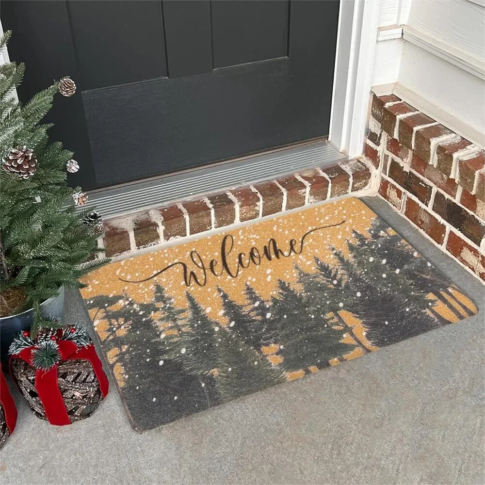 Festive 17x30” Outdoor Doormat, Faux Coir with Non-Slip Backing & Pine Trees